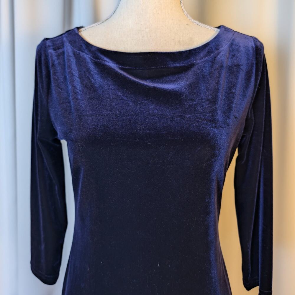 Vintage 90s Kathie Lee Purple Velvet Midi Dress Minimalist Bodycon Cocktail S - Picture 11 of 16